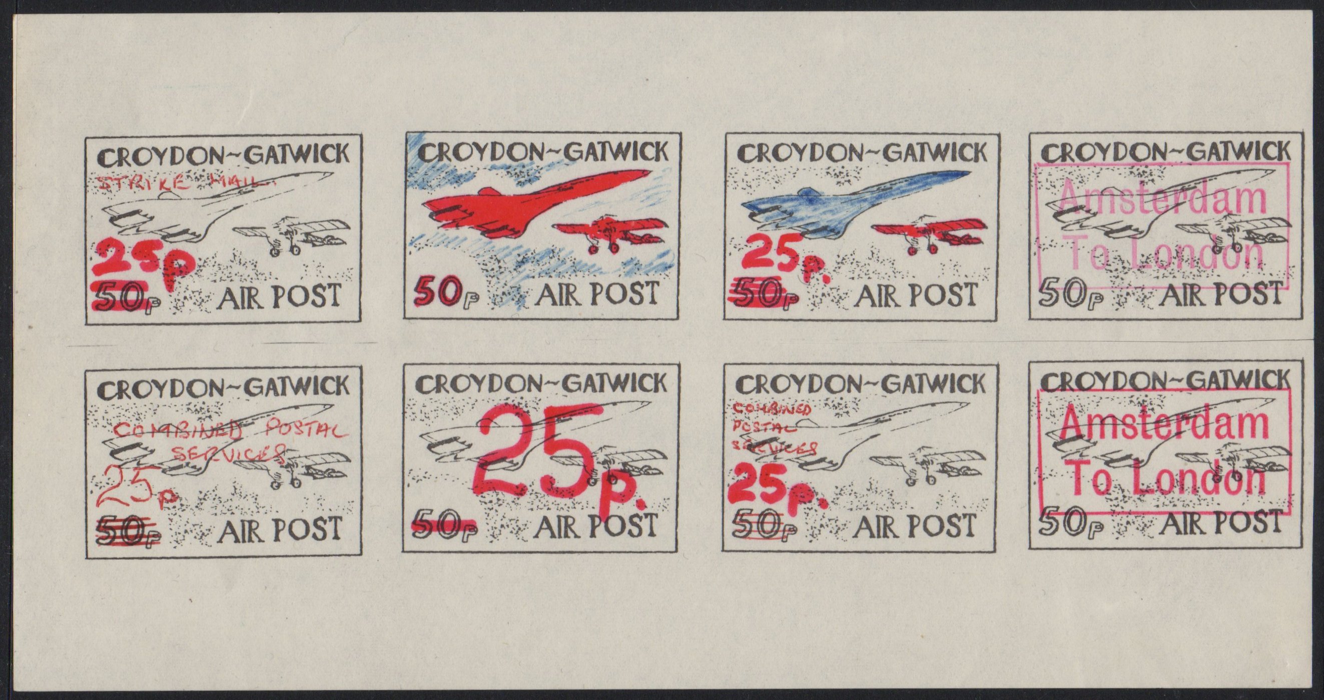1971 Croydon Gatwick Strike Post proof sheet/8 with trail ideas for a 25p value Concorde stamp